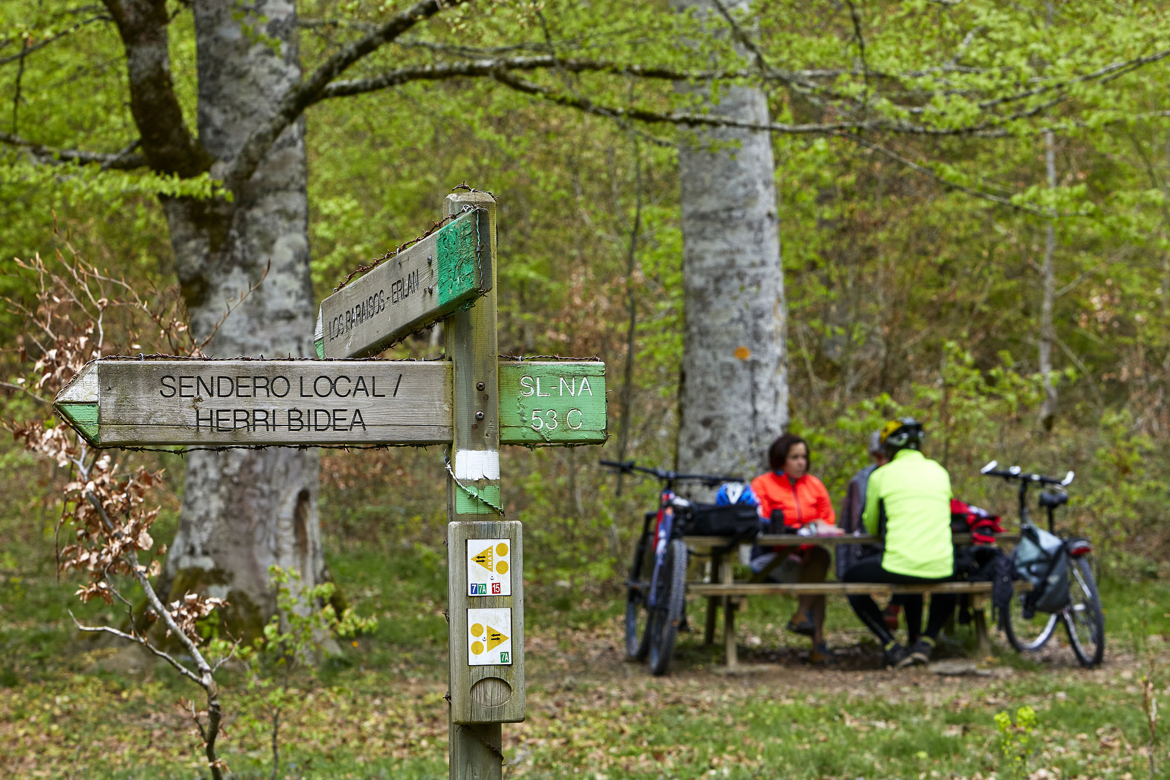 dos ciclistas sentados en una mesa en la Selva de Irati